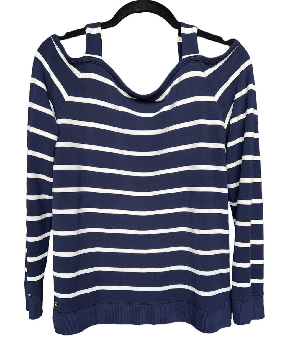 Lauren Ralph Lauren Navy Striped Cold Shoulder Sweater Top Medium